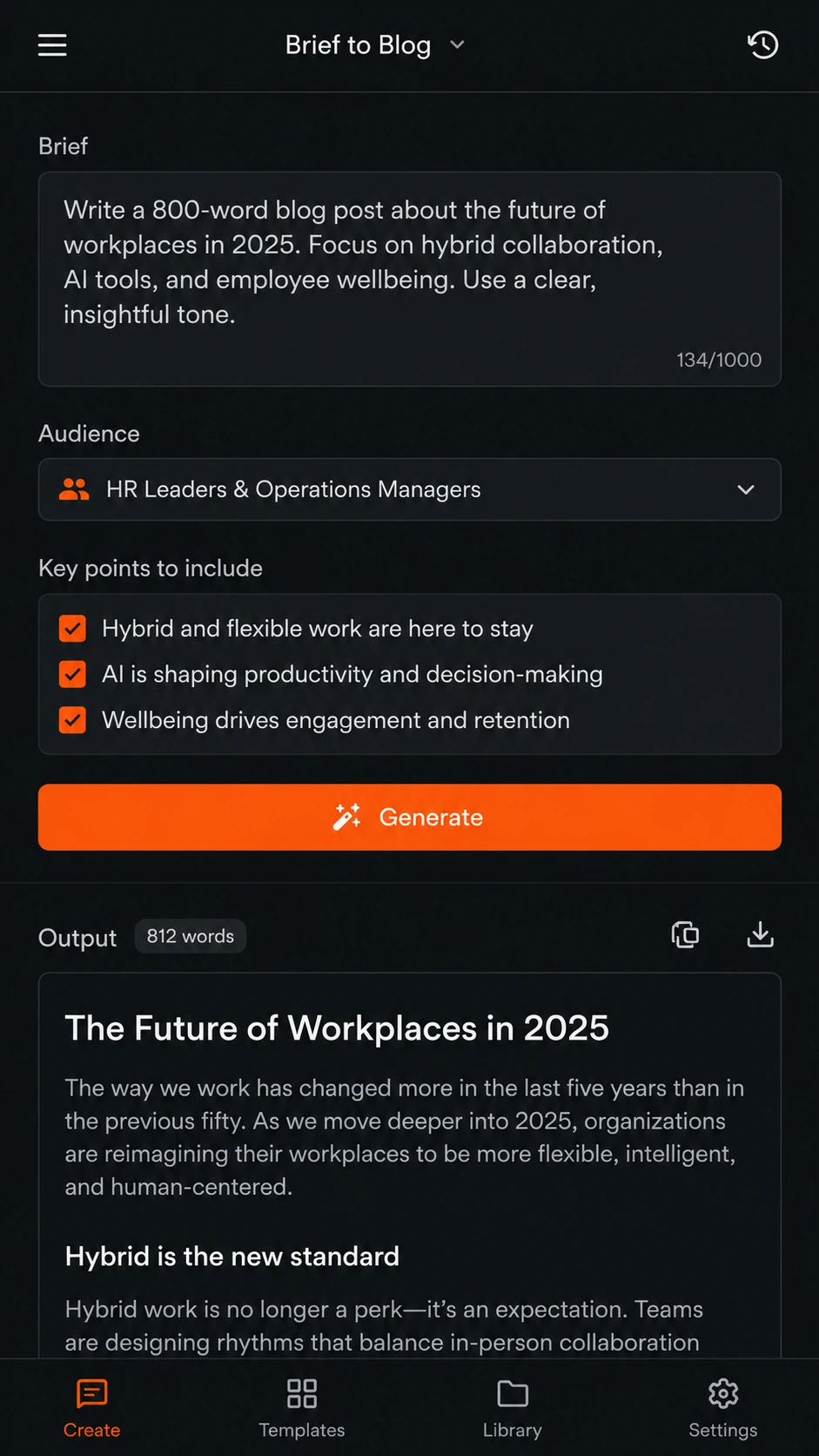 Mobile preview of an AI content generation tool
